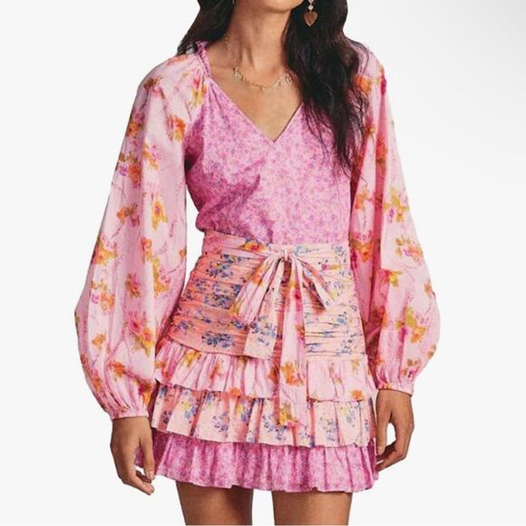 For Love Bell Pink and Orange Floral Blouse Patterned Patchwork Girly Ruffle - Picture 1 of 10